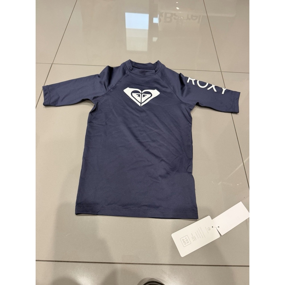 Roxy Girl's M 8/10 Navy Blue White Logo Short Sleeve UV Rash Guard Shirt NWT
